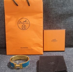 HERMES Clic Clac H Teal Enamel Gold Plated Wide Bracelet Authentic